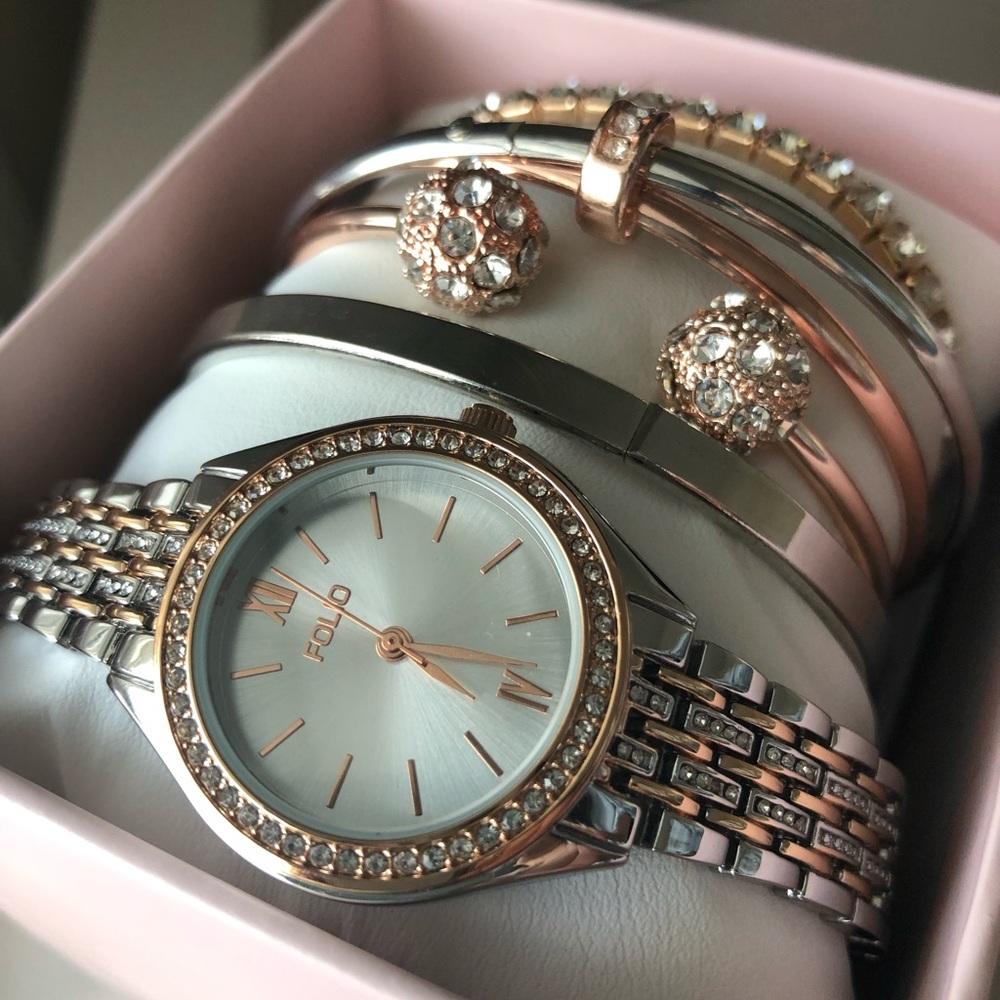 Rose Gold and Silver Women's Watch and Bracelet Set